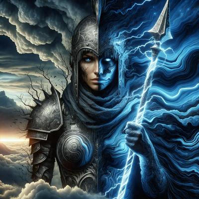 The primary subject of the image is a woman dressed in a metal armor, with a sword in her hand. She is standing in front of a blue and white background, which adds a vibrant and dynamic feel to the scene. The visual style of the image is digital art, as it appears to be a painting or drawing created using digital tools. The colors and mood of the image are predominantly blue and white, giving it a calm and serene atmosphere.